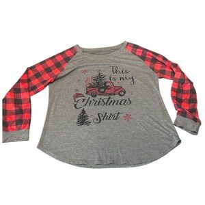 Christmas‎ Shirt Red Plaid Raglan Truck Tree Holiday Top
